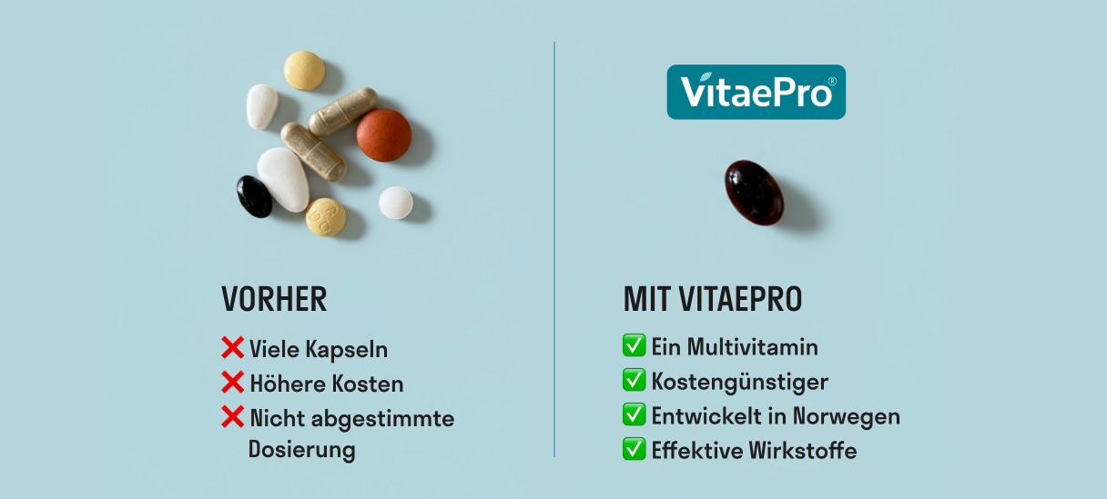 Vergleich: mehrere Nahrungserg&auml;nzungskapseln im Vergleich zu einer VitaePro Kapsel